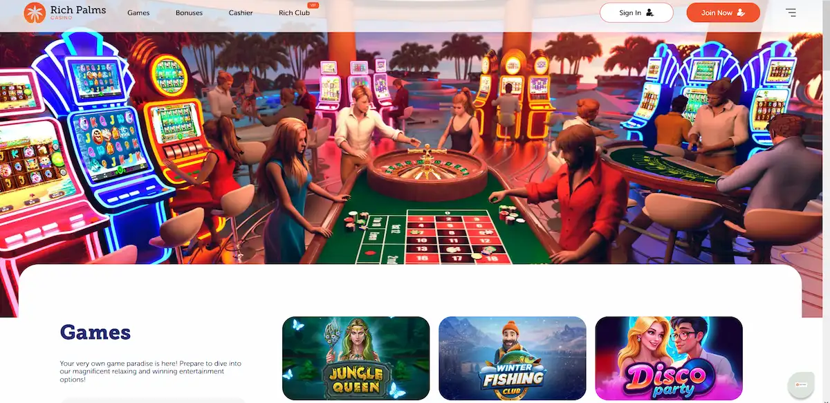 Rich Palms Casino homepage with live roulette tables and slot machines