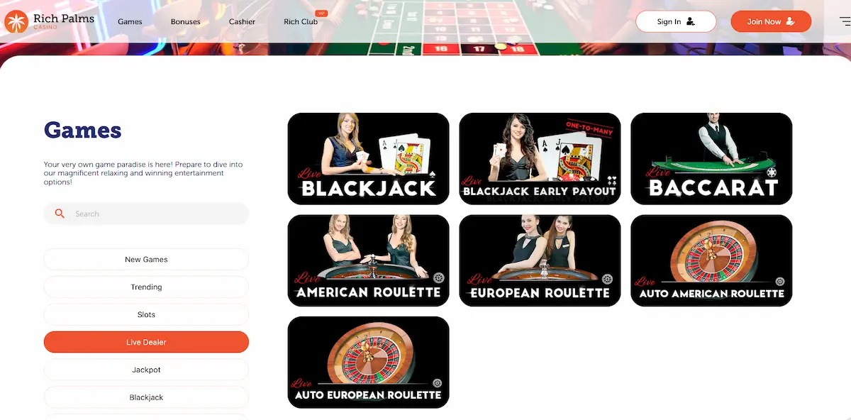 Rich Palms live casino dealer tables streamed by Visionary iGaming